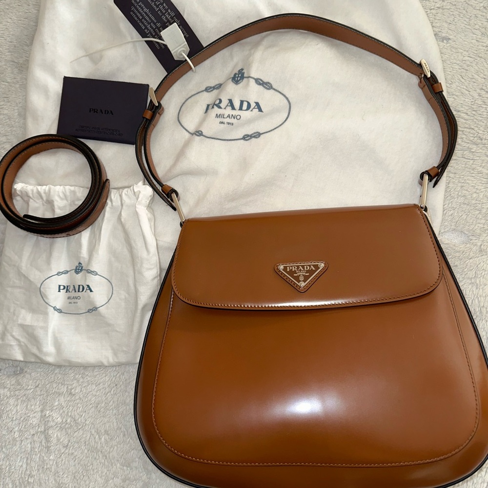 Authentic Prada Spazzolato Cleo Flap Adjustable Strap Shoulder Bag Tobacco, NWT